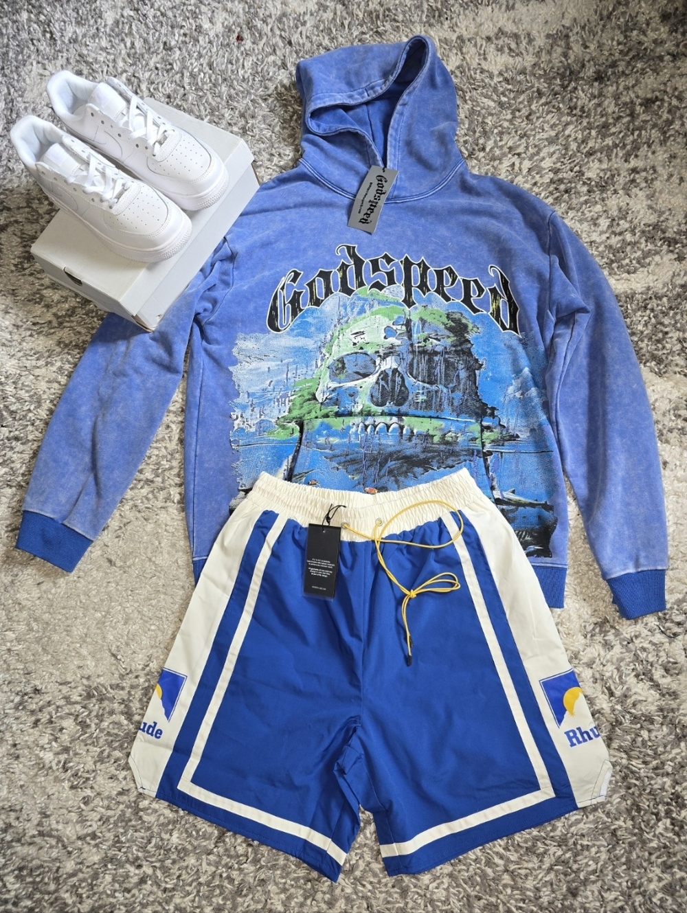 Summer Outfit Bundle – Godspeed Hoodie + Rhude Shorts + White Sneakers (All New)